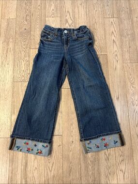 Kids Dark Blue Embroidered Cuff Jeans